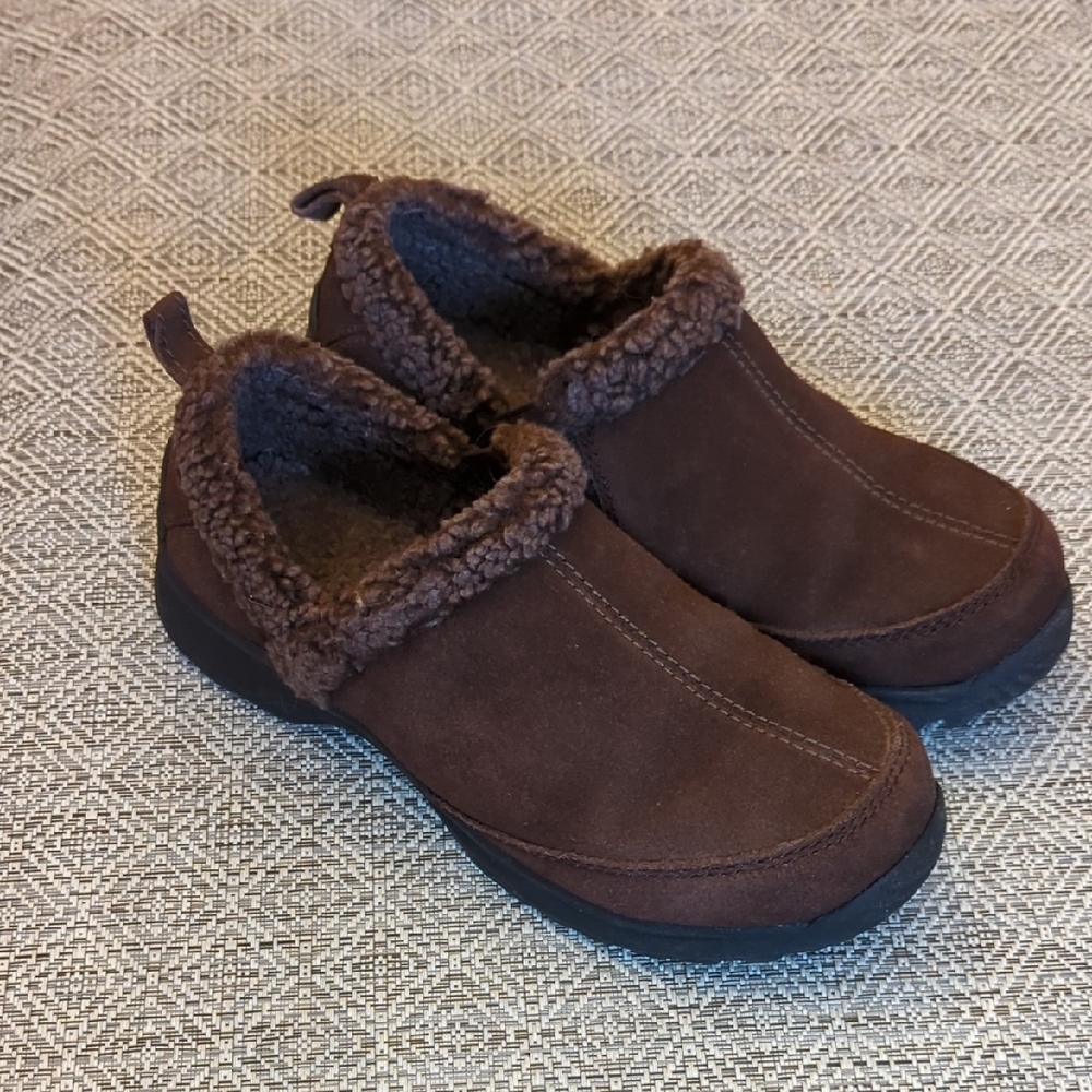 Lands End Chalet Clog Chocolate Brown Suede Faux Fur Lined Slip-On Walking Shoes